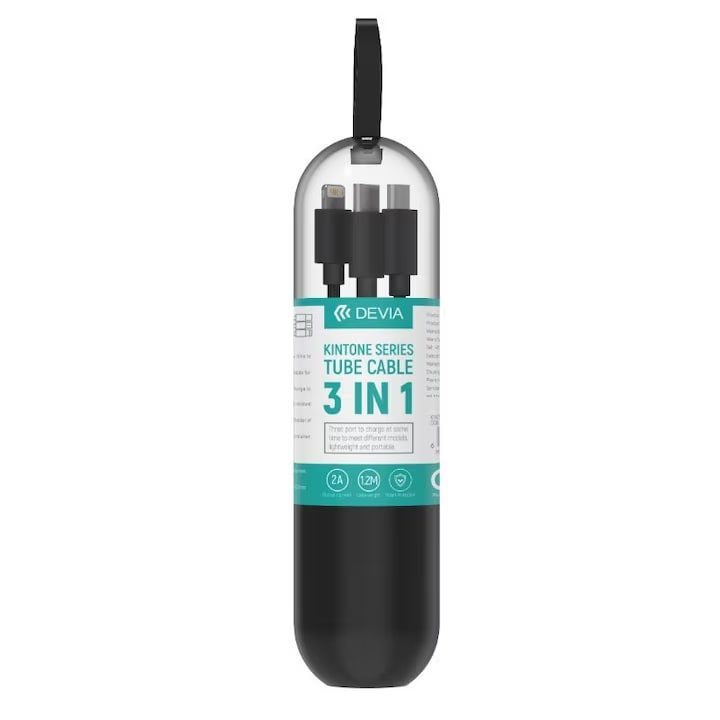 3-in-1 įkrovimo laidas USB į Lightning, MicroUSB ir Type-C, 1,2 m, juodas