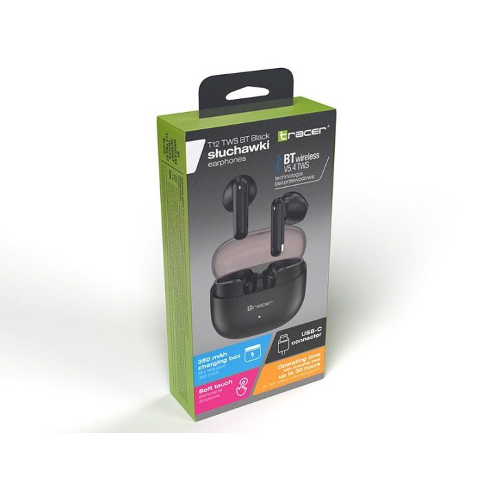 Tracer T12 TWS belaidės į ausį įdedamos ausinės, juodos