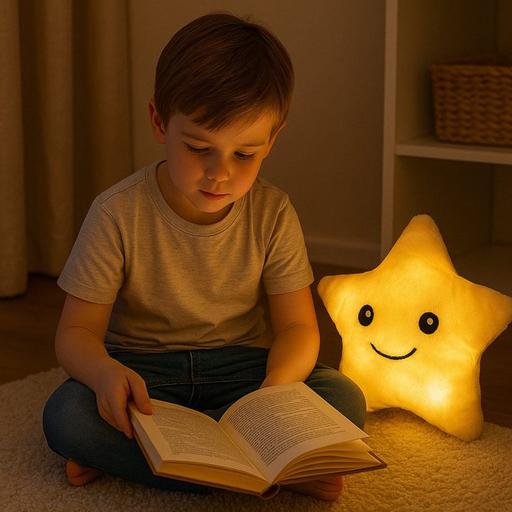 Žvaigždės formos pliušinė pagalvė su LED lempute, 40 cm
