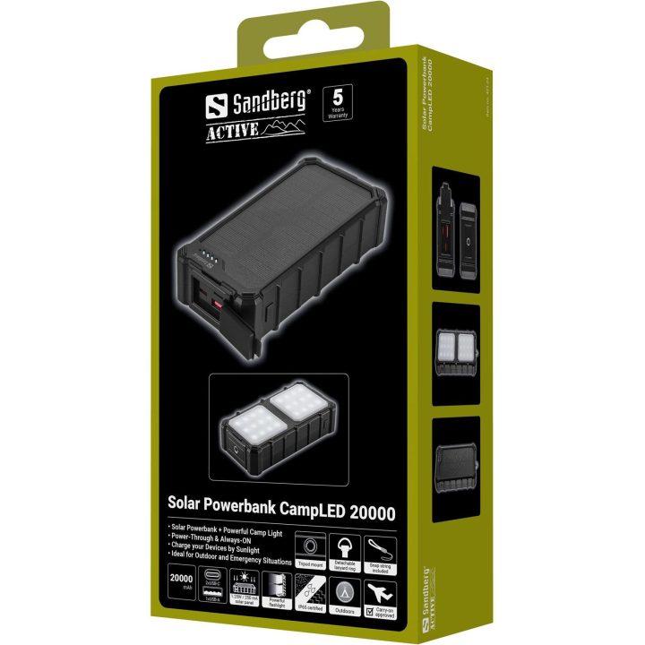 Saulės energija įkraunamas powerbankas su stovyklavimo žibintu, 20000 mAh