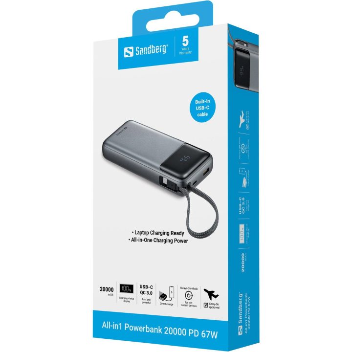 20000 mAh powerbankas su integruotu USB-C laidu, PD 67 W