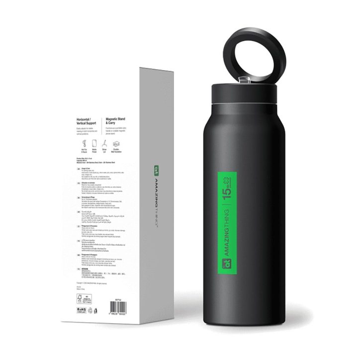 Magnetinis sportinis butelis su telefono laikikliu, 800 ml, juodas
