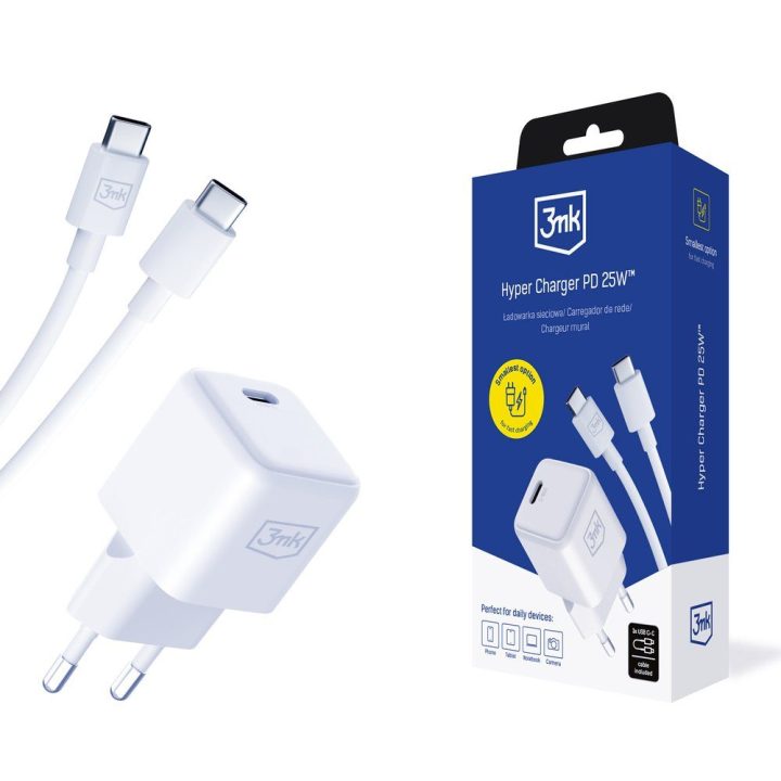Baltas 25 W PD GaN sieninis įkroviklis su USB-C kabeliu