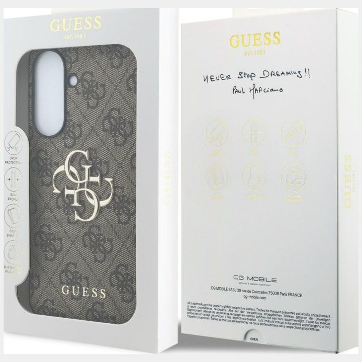 Rudas „Guess“ kietas dėklas „Leather 4G Metal Logo“ Samsung Galaxy A37 5G telefonui