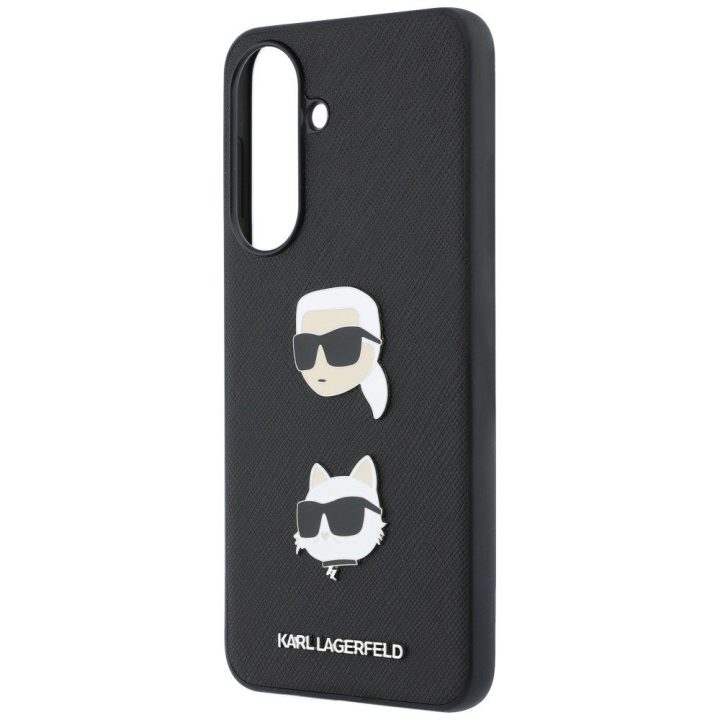 Juodas kietas dėklas Karl Lagerfeld „Choupette Heads Pins&Logo“ Samsung Galaxy A37 5G telefonui