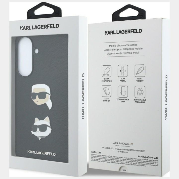 Juodas kietas dėklas Karl Lagerfeld „Choupette Heads Pins&Logo“ Samsung Galaxy A37 5G telefonui