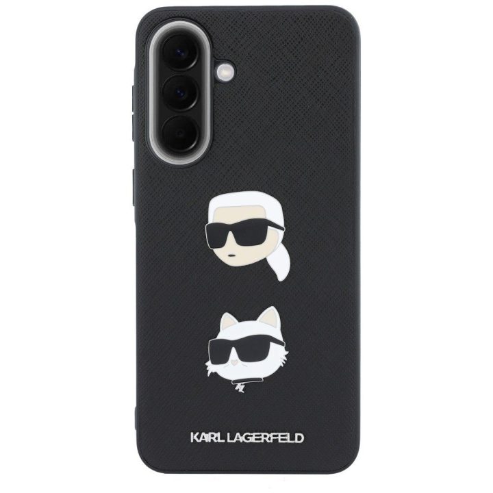 Juodas kietas dėklas Karl Lagerfeld „Choupette Heads Pins&Logo“ Samsung Galaxy A37 5G telefonui