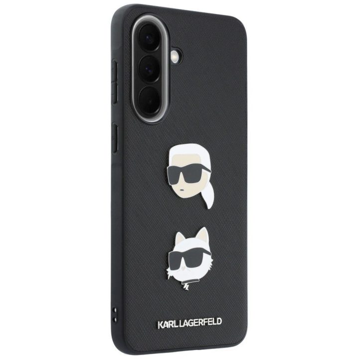Juodas kietas dėklas Karl Lagerfeld „Choupette Heads Pins&Logo“ Samsung Galaxy A37 5G telefonui