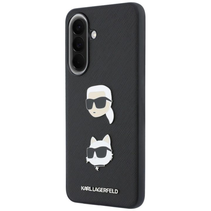 Juodas kietas dėklas Karl Lagerfeld „Choupette Heads Pins&Logo“ Samsung Galaxy A37 5G telefonui