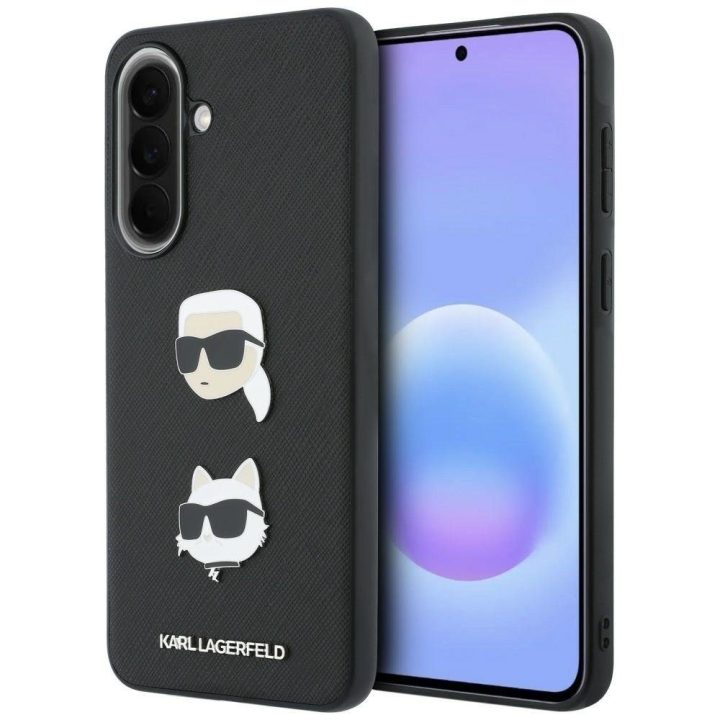 Juodas kietas dėklas Karl Lagerfeld „Choupette Heads Pins&Logo“ Samsung Galaxy A37 5G telefonui