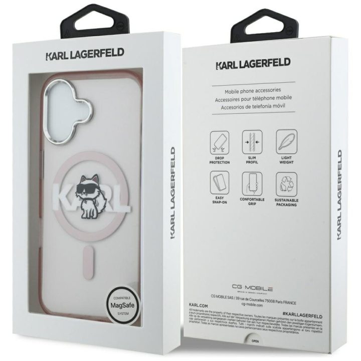Rožinis Karl Lagerfeld dėklas iPhone 17 telefonui su MagSafe