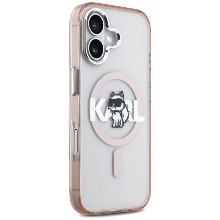 Rožinis Karl Lagerfeld dėklas iPhone 17 telefonui su MagSafe