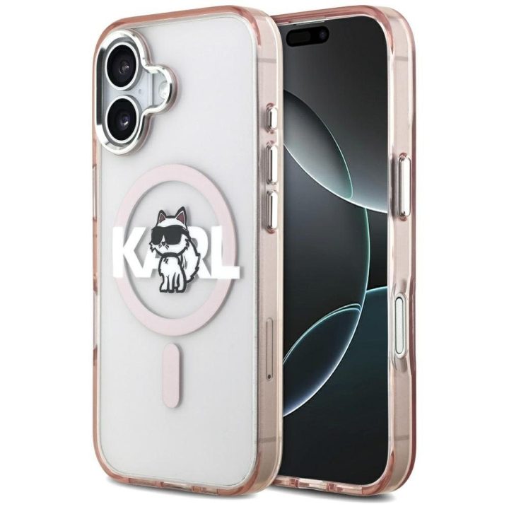 Rožinis Karl Lagerfeld dėklas iPhone 17 telefonui su MagSafe
