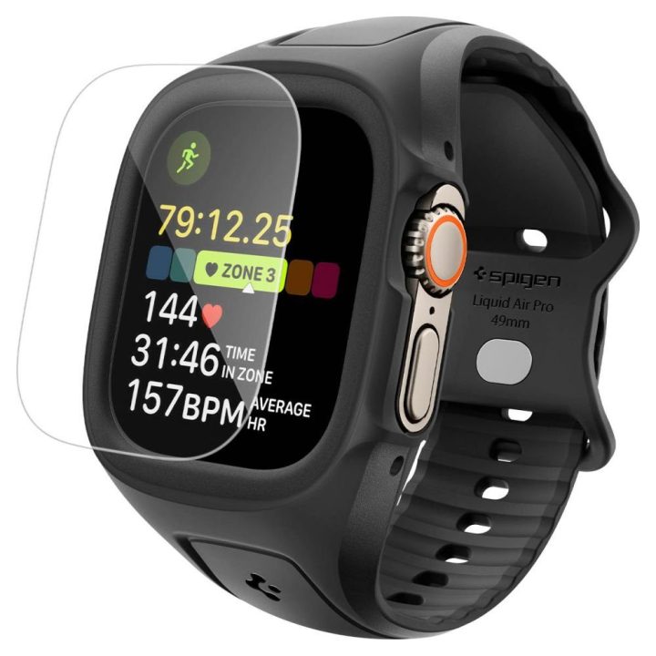 Dirželis su dėklu Spigen Liquid Air Pro Apple Watch Ultra 49 mm su 9H apsauginiu stiklu, juodas