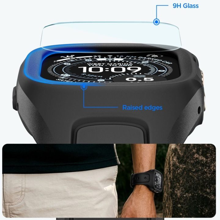 Dirželis su dėklu Spigen Liquid Air Pro Apple Watch Ultra 49 mm su 9H apsauginiu stiklu, juodas