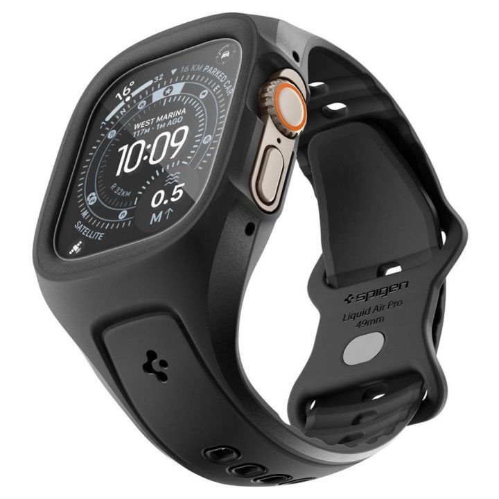 Dirželis su dėklu Spigen Liquid Air Pro Apple Watch Ultra 49 mm su 9H apsauginiu stiklu, juodas