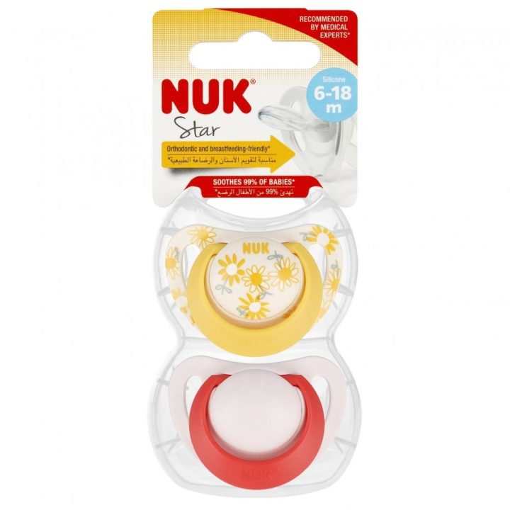NUK Star 2 silikoninių čiulptukų rinkinys 6–18 mėn. geltonos/rožinės spalvos
