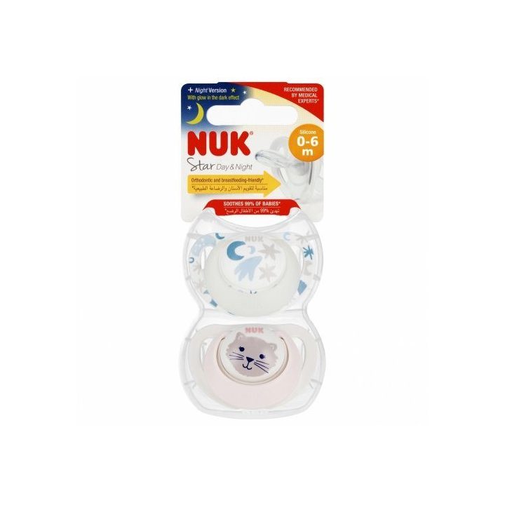 2 vnt. silikoniniai čiulptukai NUK Star D&N balti ir rožiniai