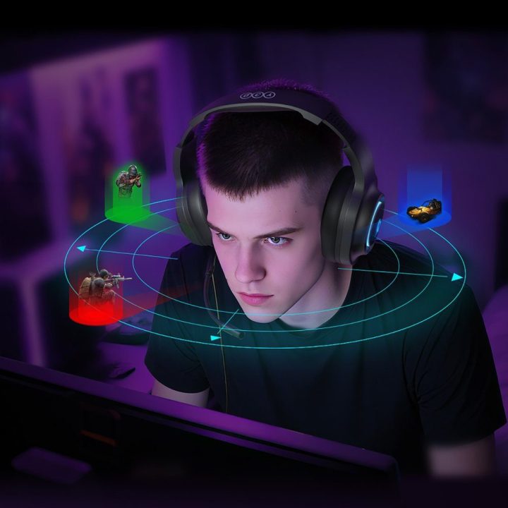 QCY V200 Pro laidinės žaidimų ausinės su 7.1 garsu ir nuimamu mikrofonu, juodos