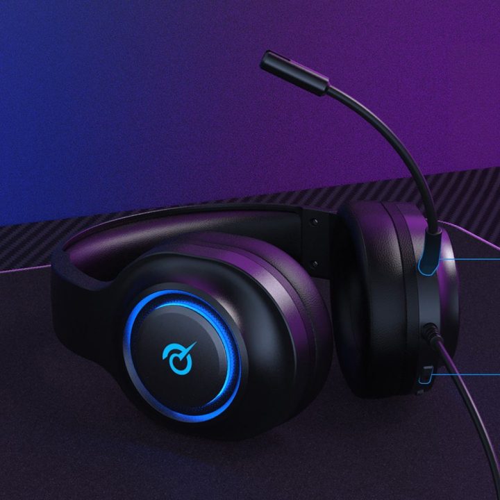 QCY V200 Pro laidinės žaidimų ausinės su 7.1 garsu ir nuimamu mikrofonu, juodos