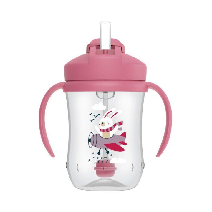 Dr. Brown’s pirmasis puodelis su šiaudeliu 270 ml, rožinis kiškis