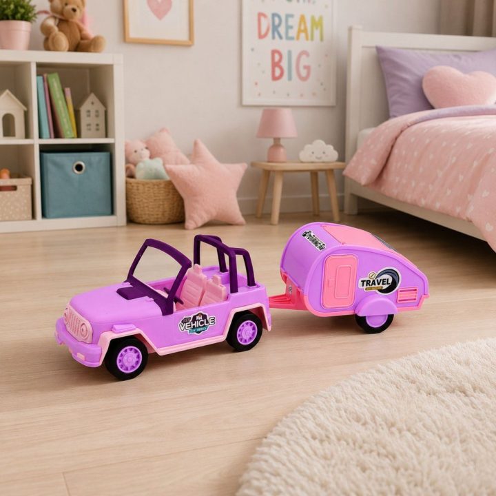 Rožinis bekelės automobilio ir kemperio rinkinys su garsais