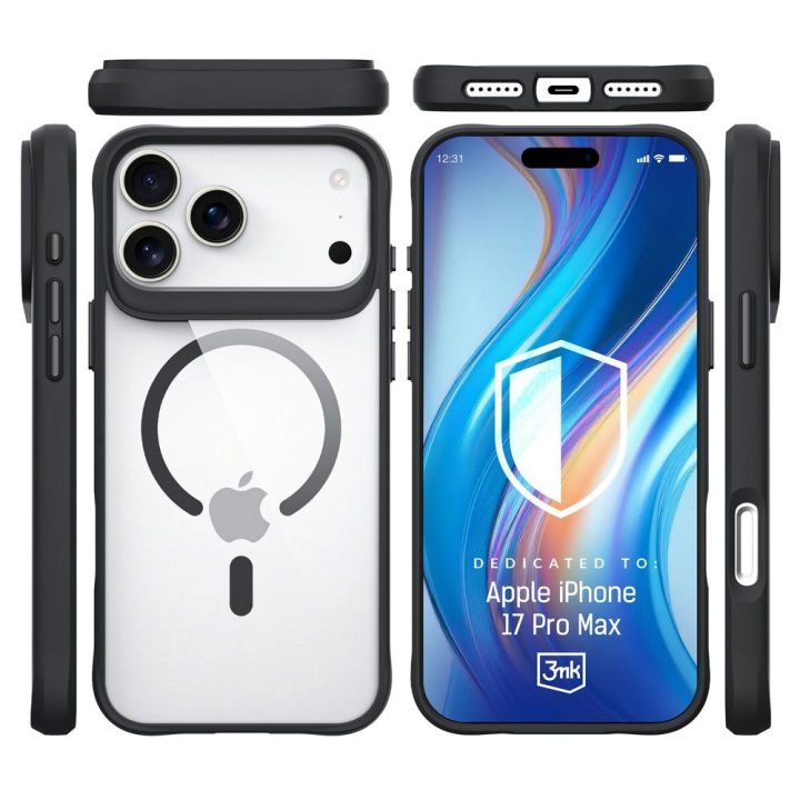 Dėklas iPhone 17 Pro Max telefonui 3mk Satin Armor MagCase, skaidriai juodas