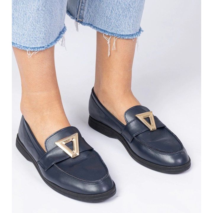 Moteriški tamsiai mėlyni mokasinai su elegantiška puošmena