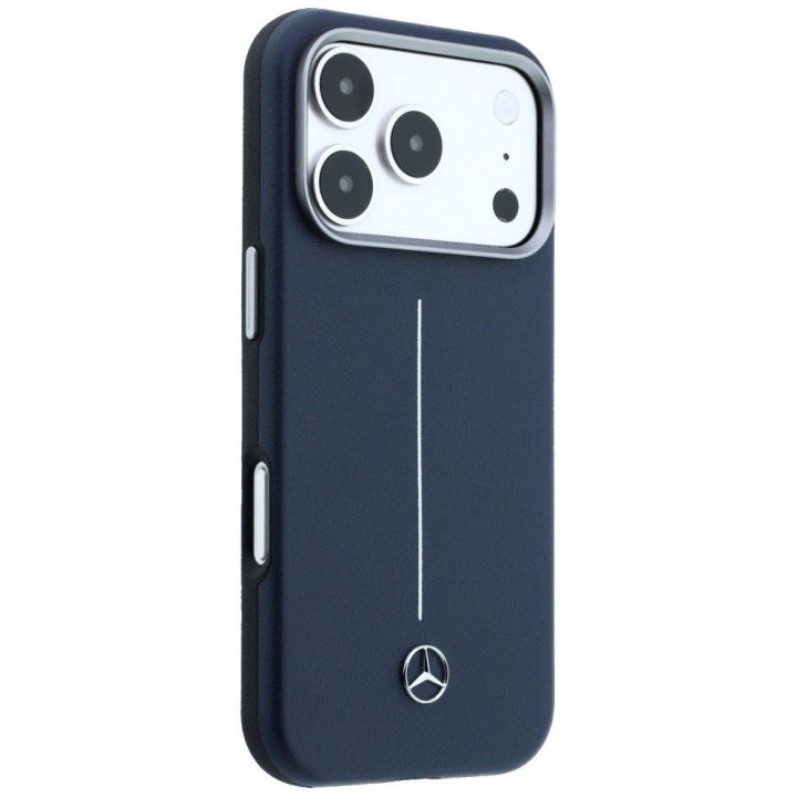 „Mercedes-Benz“ dėklas „Leather Semi Wrap with Iconic Line“ su „MagSafe“ „iPhone 17 Pro Max“ – tamsiai mėlynas