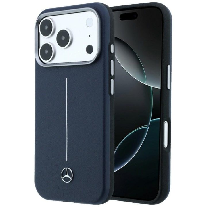 „Mercedes-Benz“ dėklas „Leather Semi Wrap with Iconic Line“ su „MagSafe“ „iPhone 17 Pro Max“ – tamsiai mėlynas