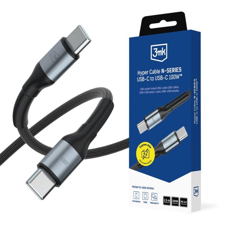 USB-C į USB-C laidas 100 W 1,5 m juodas 3mk Hyper Cable N-SERIES