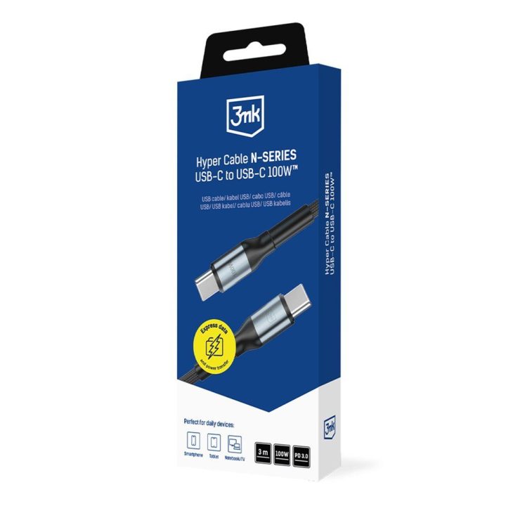 USB-C į USB-C laidas 3 m 100W 3mk Hyper Cable N-SERIES, juodas