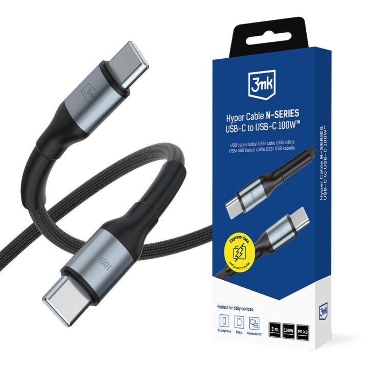 USB-C į USB-C laidas 3 m 100W 3mk Hyper Cable N-SERIES, juodas