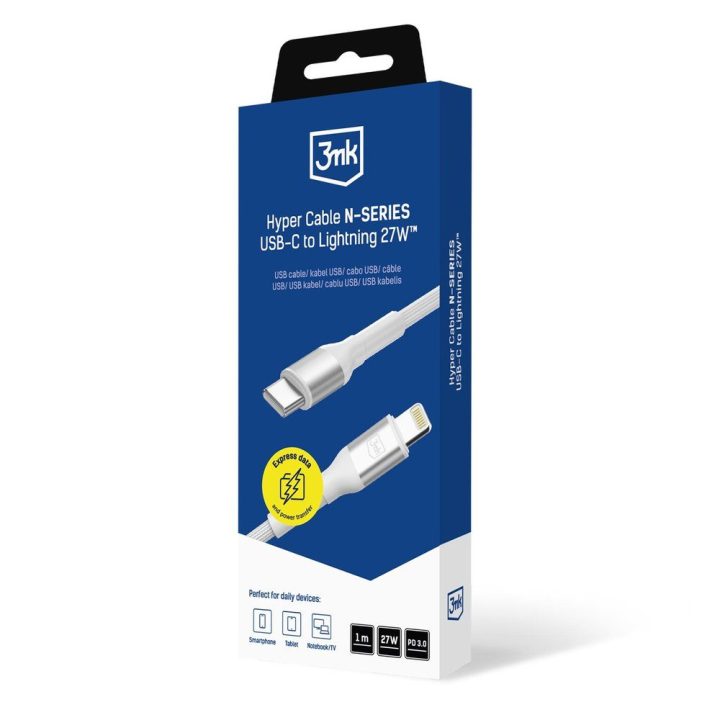 3mk Hyper Cable N-Series USB-C į Lightning laidas 1 m, PD 3.0 27 W, baltas