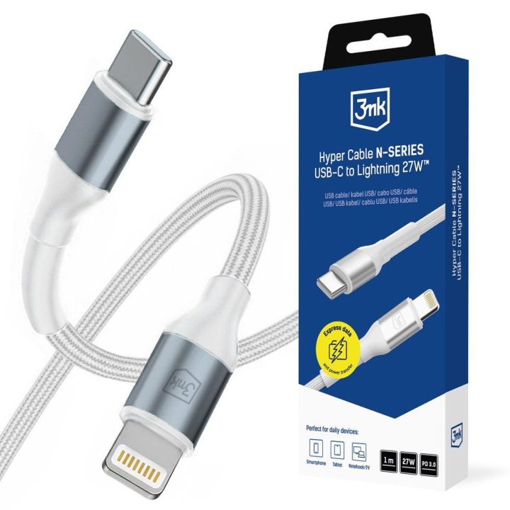 3mk Hyper Cable N-Series USB-C į Lightning laidas 1 m, PD 3.0 27 W, baltas