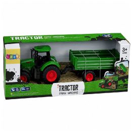 Žalias žaislinis traktorius su priekaba 1:24