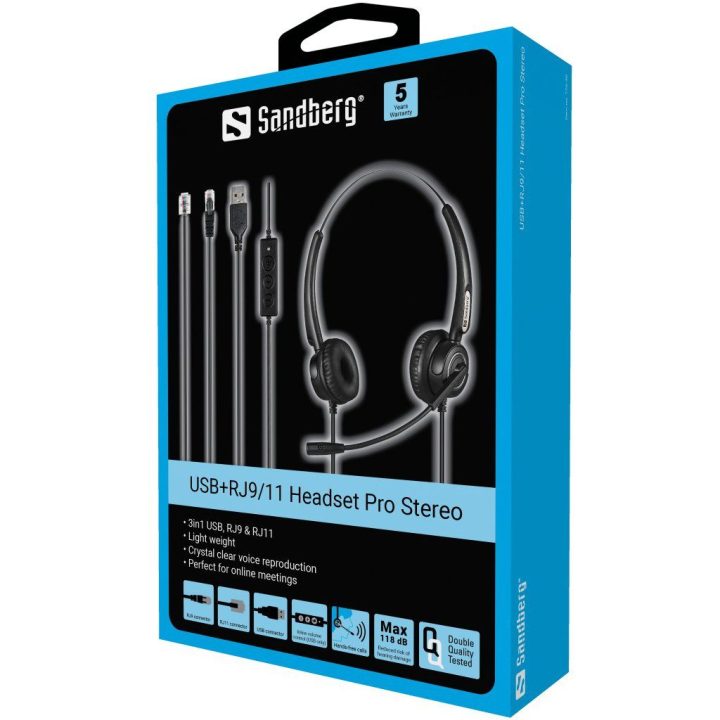 Sandberg USB+RJ9/11 Pro Stereo ausinės su mikrofonu, juodos