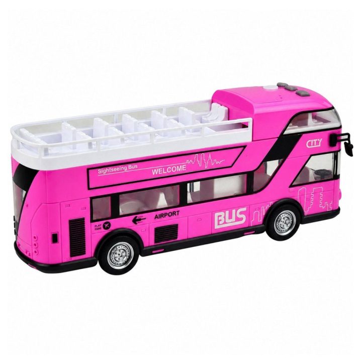 Rožinis žaislinis dviaukštis miesto autobusas su šviesomis ir garsais