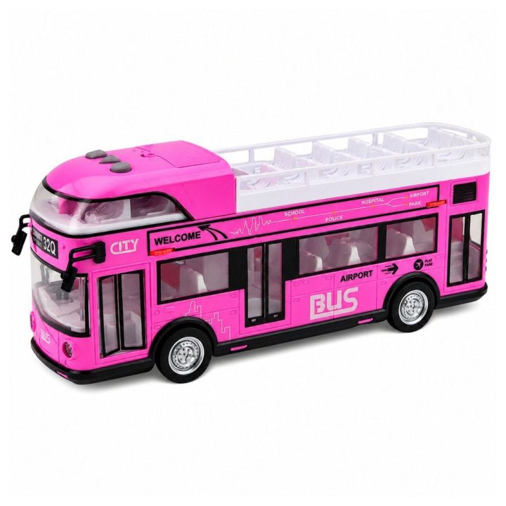 Rožinis žaislinis dviaukštis miesto autobusas su šviesomis ir garsais