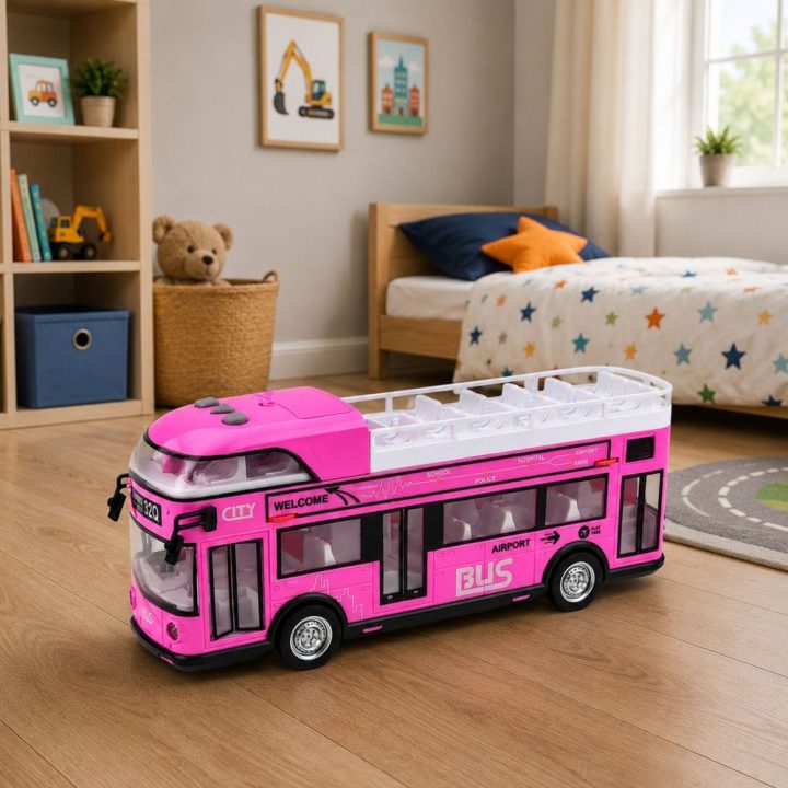 Rožinis žaislinis dviaukštis miesto autobusas su šviesomis ir garsais