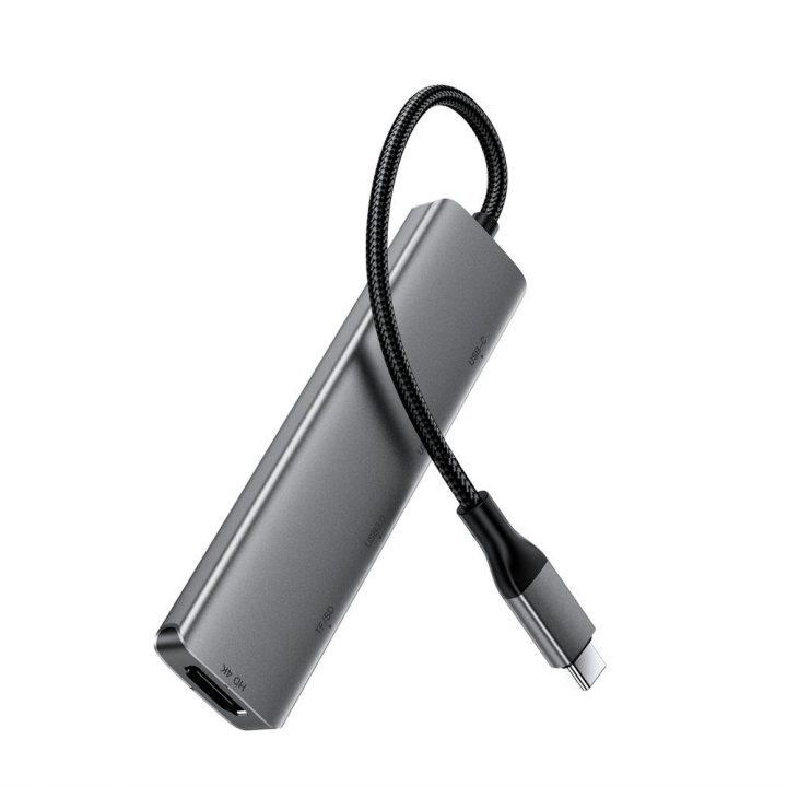 Acefast J18 USB-C šakotuvas 6-in-1 su HDMI 4K 60 Hz ir PD 90 W, pilkas