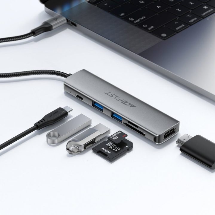 Acefast J18 USB-C šakotuvas 6-in-1 su HDMI 4K 60 Hz ir PD 90 W, pilkas