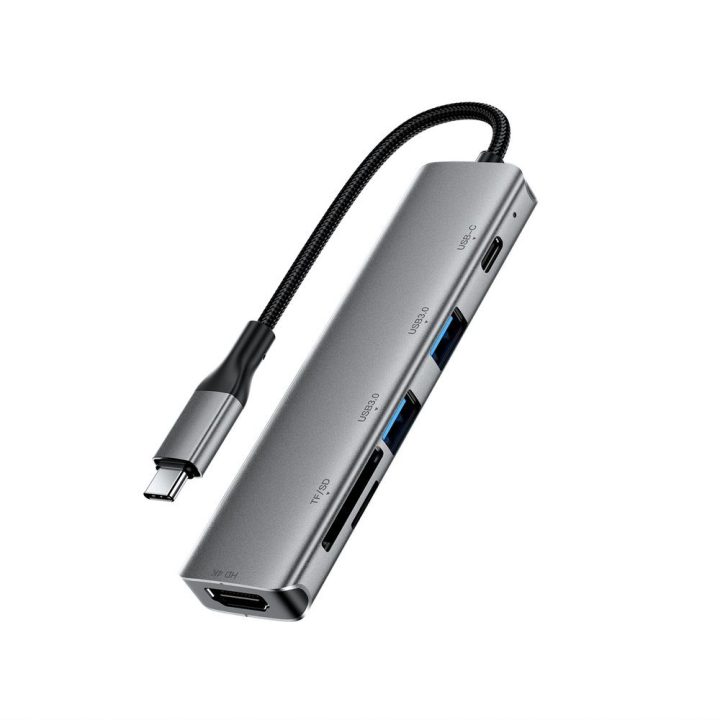 Acefast J18 USB-C šakotuvas 6-in-1 su HDMI 4K 60 Hz ir PD 90 W, pilkas