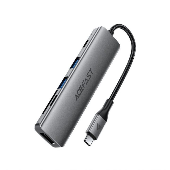 Acefast J18 USB-C šakotuvas 6-in-1 su HDMI 4K 60 Hz ir PD 90 W, pilkas