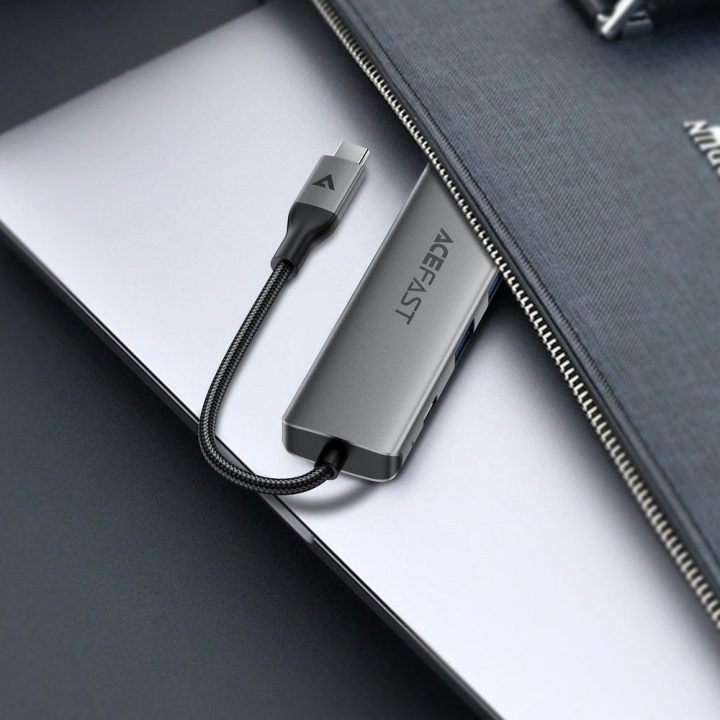Acefast J18 USB-C šakotuvas 6-in-1 su HDMI 4K 60 Hz ir PD 90 W, pilkas