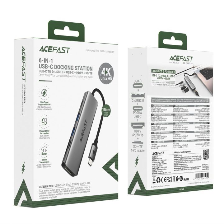 Acefast J18 USB-C šakotuvas 6-in-1 su HDMI 4K 60 Hz ir PD 90 W, pilkas