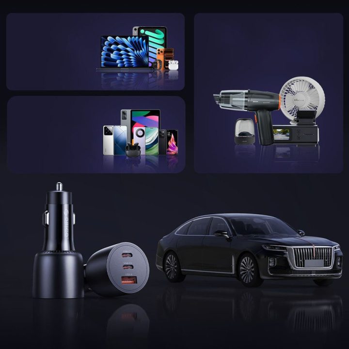 Automobilinis įkroviklis Orico PowerLink 165 W su 2× USB-C ir USB-A, juodas