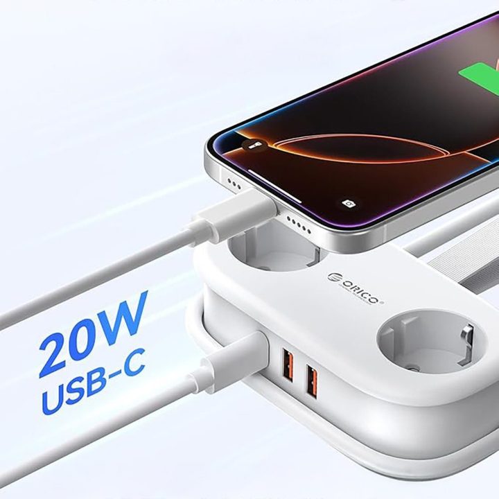 Orico APP 5in1 maitinimo šakotuvas 2 × AC, 2 × USB-A, 1 × USB-C, baltas
