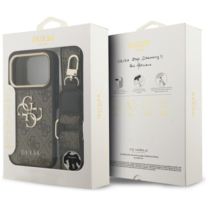Telefono dėklas iPhone 17 Pro Guess 4G Big 4G Classic Logo Big Strap, rudas