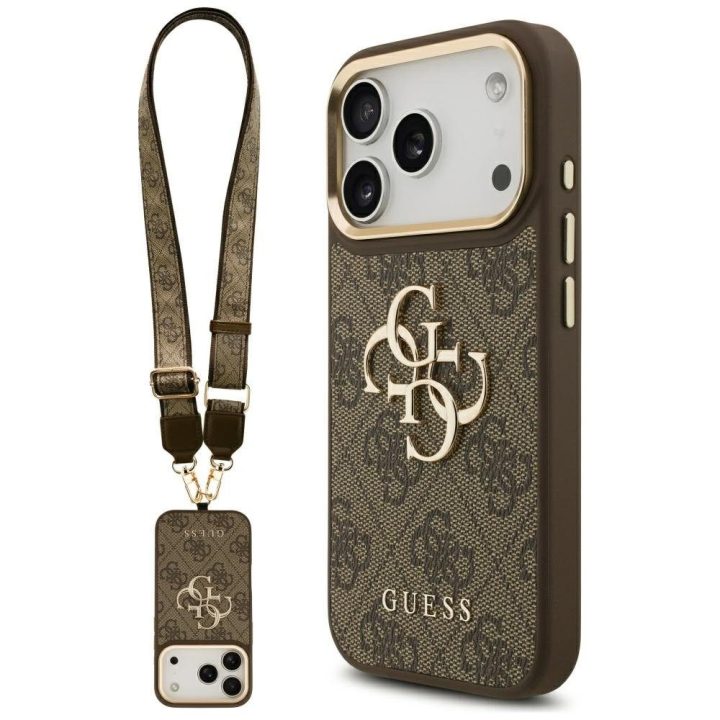 Telefono dėklas iPhone 17 Pro Guess 4G Big 4G Classic Logo Big Strap, rudas